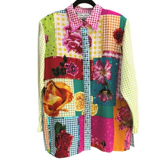 Diane Gilman Womens Silk Patchwork Floral Sequin Button-Up Shirt Multi-Color M - Picture 1 of 11